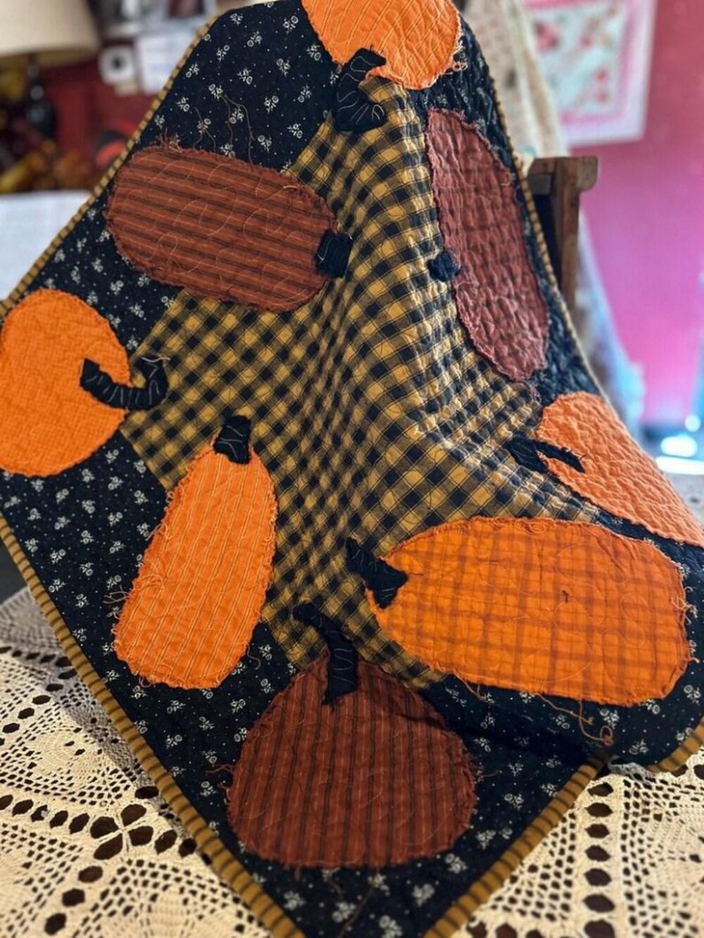 Fall Harvest QUILT Halloween Reversible Frayed Pumpkins, Scarecrows 28" OOAK!